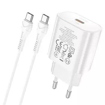 Сетевое зарядное устройство Hoco N22 Jetta 25 Вт, USB type-C, Quick Charge, PD, 3А, белый (6931474760081), кабель type-C/type-C
