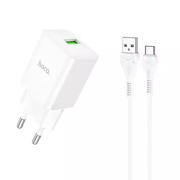 Сетевое зарядное устройство Hoco N26 Maxim 18 Вт, USB, Quick Charge, 3А, белый (6931474783431), кабель USB Type A/USB Type C