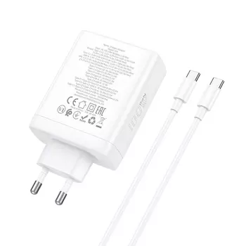 Сетевое зарядное устройство Hoco N31 100 Вт, USB, 3xUSB type-C, Quick Charge, PD, 5А, белый (6931474784186), кабель USB Type C