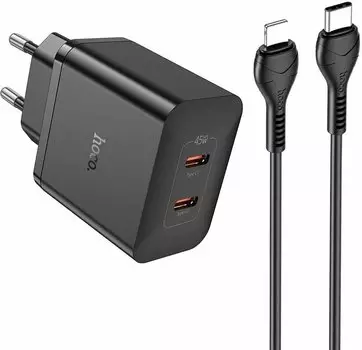 Сетевое зарядное устройство Hoco N35 45 Вт, 2xUSB type-C, PD, 3А, черный (6931474797216), кабель Lightning