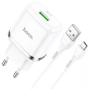 Сетевое зарядное устройство Hoco N3 18W, 1USB, Quick Charge, 3A, белый (6931474729378), кабель microUSB