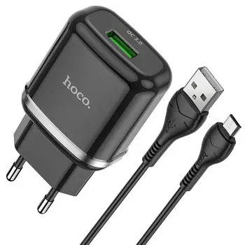 Сетевое зарядное устройство Hoco N3 18W, 1USB, Quick Charge, 3A, черный (6931474729361), кабель microUSB