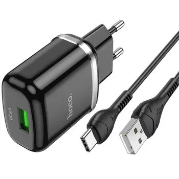 Сетевое зарядное устройство Hoco N3 18W, 1USB, Quick Charge, 3A, черный (6931474729385), кабель USB Type C
