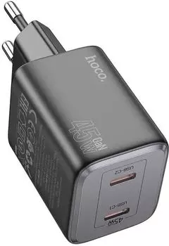 Сетевое зарядное устройство Hoco N42 Elogiado 45 Вт, EU, 2xUSB type-C, Quick Charge, PD, черный (N42 ELOGIADO)