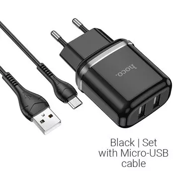 Сетевое зарядное устройство Hoco N4 Aspiring, 2USB, 2.4A, черный (6931474731036), кабель microUSB