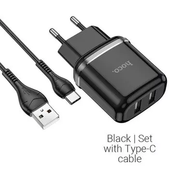 Сетевое зарядное устройство Hoco N4 Aspiring, 2USB, 2.4A, черный (6931474731050), кабель USB Type C