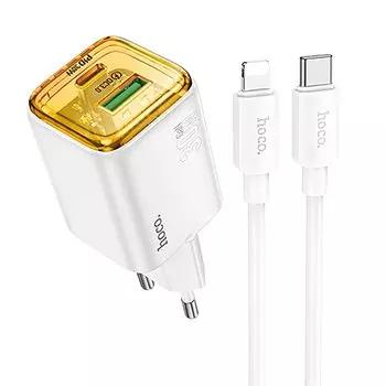 Сетевое зарядное устройство Hoco N53 30 Вт, USB, EU, USB type-C, Quick Charge, PD, белый (6942007630450), кабель Lightning/Type-C