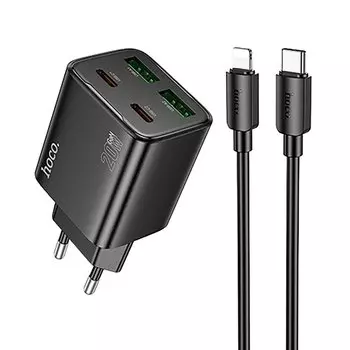 Сетевое зарядное устройство Hoco N55 20 Вт, 2xUSB, EU, 2xUSB type-C, Quick Charge, PD, черный (6942007632454), кабель Lightning/Type-C