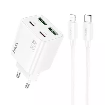 Сетевое зарядное устройство Hoco N55 20 Вт, 2xUSB, EU, 2xUSB type-C, Quick Charge, PD, белый (6942007632461), кабель Lightning/Type-C