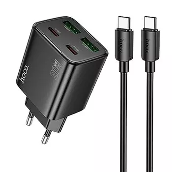 Сетевое зарядное устройство Hoco N55 20 Вт, 2xUSB, EU, 2xUSB type-C, Quick Charge, PD, черный (6942007632478), кабель type-C/type-C