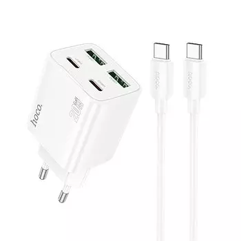 Сетевое зарядное устройство Hoco N55 20 Вт, 2xUSB, EU, 2xUSB type-C, Quick Charge, PD, белый (6942007632485), кабель type-C/type-C