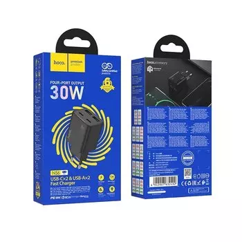 Сетевое зарядное устройство Hoco N56 30 Вт, 2xUSB, EU, 2xUSB type-C, Quick Charge, PD, черный (6942007632492)
