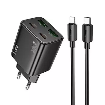 Сетевое зарядное устройство Hoco N56 30 Вт, 2xUSB, EU, 2xUSB type-C, Quick Charge, PD, черный (6942007632515), кабель Lightning/Type-C