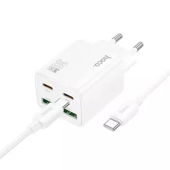 Сетевое зарядное устройство Hoco N56 30 Вт, 2xUSB, EU, 2xUSB type-C, Quick Charge, PD, белый (6942007632546), кабель type-C/type-C