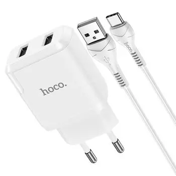 Сетевое зарядное устройство Hoco N7 Speedy, 2USB, 2.1A, белый (6931474740618), кабель USB Type C