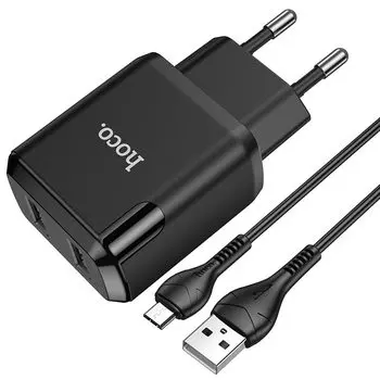 Сетевое зарядное устройство Hoco N7 Speedy, 2USB, 2.1A, черный (6931474740588), кабель microUSB