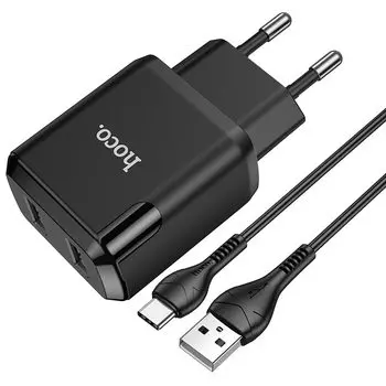 Сетевое зарядное устройство Hoco N7 Speedy, 2USB, 2.1A, черный (6931474740601), кабель USB Type C