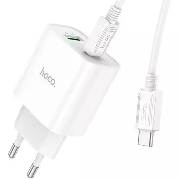 Сетевое зарядное устройство Hoco Plus Rapido C80A 20 Вт, USB, EU, USB type-C, Quick Charge, PD, белый (6931474779908), кабель type-C/type-C