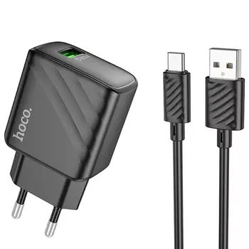 Сетевое зарядное устройство Hoco Rich CS21A 18 Вт, USB, EU, Quick Charge, черный (6942007609906), кабель USB/USB Type-C
