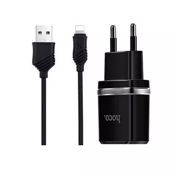 Сетевое зарядное устройство Hoco С12 Dual, 2USB, 2.4A, черный, кабель Lightning