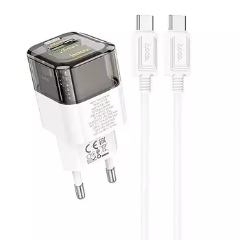 Сетевое зарядное устройство Hoco Transparent C131a 30 Вт, USB, EU, USB type-C, Quick Charge, PD, черный/белый (6942007609869), кабель type-C/type-C