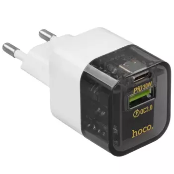 Сетевое зарядное устройство Hoco Transparent C131a 30 Вт, USB, EU, USB type-C, Quick Charge, PD, черный/белый (6942007609821)