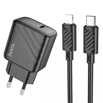 Сетевое зарядное устройство Hoco Value CS22A 30 Вт, EU, USB type-C, PD, черный (6942007609920), кабель Lightning/Type-C