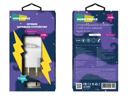 Сетевое зарядное устройство More Choice NC24i , 2USB, 2.1A, белый, Lightning 8pin