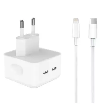 Сетевое зарядное устройство ORG 35 Вт, EU, 2xUSB type-C, PD, белый (221607), кабель Lightning/Type-C