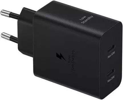 Сетевое зарядное устройство Samsung EP-T5020 50 Вт, EU, 2xUSB type-C, Quick Charge, PD, черный (EP-T5020XBEGWW), кабель type-C/type-C