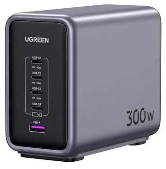 Сетевое зарядное устройство UGREEN Nexode CD333 300 Вт, USB, EU, 4xUSB type-C, Quick Charge, PD, серый (90903B), кабель сетевой 2м/Type-C 1.5м