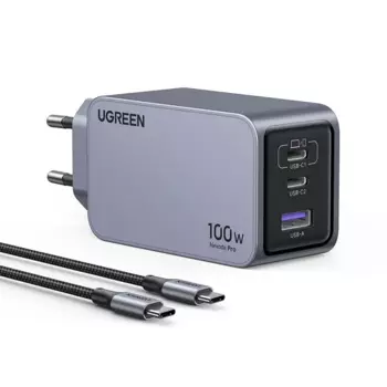 Сетевое зарядное устройство UGREEN Nexode Pro X757 100 Вт, USB, EU, 2xUSB type-C, Quick Charge, PD, серый (25874), кабель type-C/type-C
