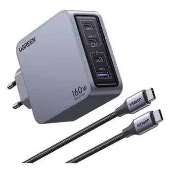 Сетевое зарядное устройство UGREEN Nexode Pro X763 160 Вт, USB, EU, 3xUSB type-C, Quick Charge, PD, серый (25877), кабель type-C/type-C