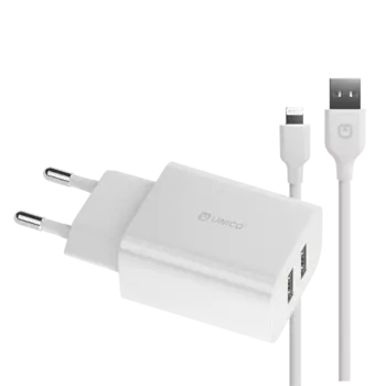 Сетевое зарядное устройство Unico 12Вт, 2xUSB, 2.4A, белый (WCS8PINUNC), Lightning 8pin