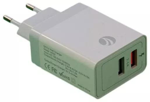 Сетевое зарядное устройство VCOM CA-M050 30W, 2USB, Quick Charge, 3A, белый (CA-M050)