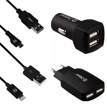 Сетевое зарядное устройство Zetton комплект зарядных устройств (СЗУ + АЗУ), 4xUSB, EU/прикуриватель, Quick Charge, черный (ZT4IN13A2UA8MC), кабель microUSB/USB Type A, Lightning/USB Type A