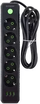 Сетевой фильтр Amper, 5-розеток, 3xUSB, 4 м, черный (JH-1033U-4B)