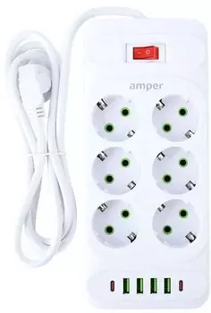 Сетевой фильтр Amper, 6-розеток, 4xUSB, 2xUSB Type-C, 4 м, белый (JH-1076U-4W)