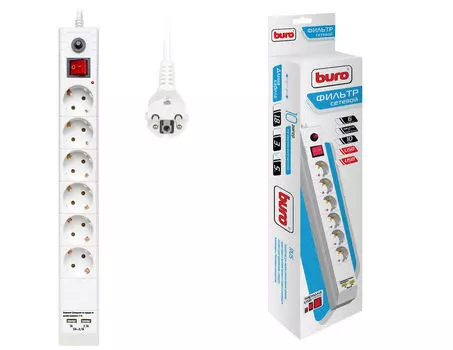 Сетевой фильтр BURO, 6-розеток, 2xUSB, 5 м, белый (BU-SP5_USB_2A-W)
