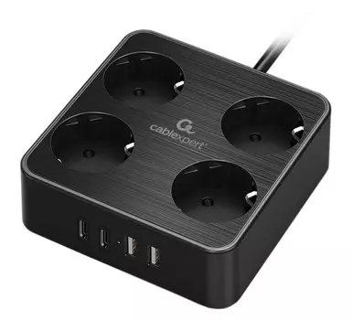 Сетевой фильтр Cablexpert Plate, 4-розетки, 2xUSB, 2xUSB Type-C, 3 м, черный (PLT-4-C2U2-B-3)