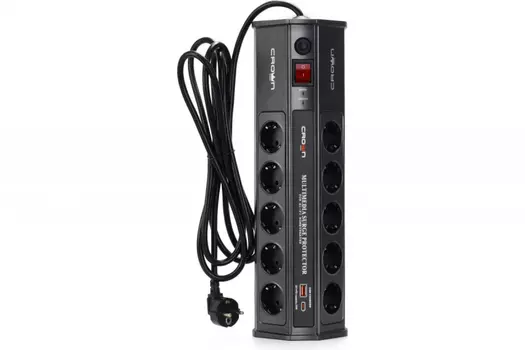 Сетевой фильтр CROWN CMPS-11, 10-розеток, 1xUSB, 1xUSB Type-C, 3 м, черный (CM000003665)