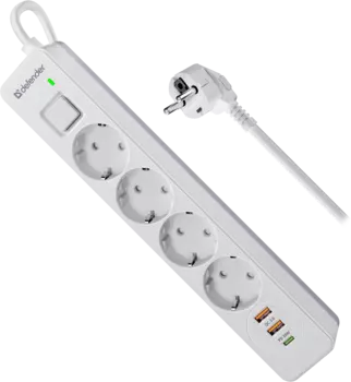 Сетевой фильтр Defender DFS145, 4-розетки, 2xUSB, 1xUSB Type-C, 3 м, белый (99435)