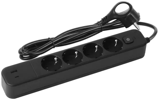 Сетевой фильтр ЭРА USF-4es-1,5m-2xUSBAC-B, 4-розетки, 1xUSB, 1xUSB Type-C, 1.5 м, черный (Б0059572)