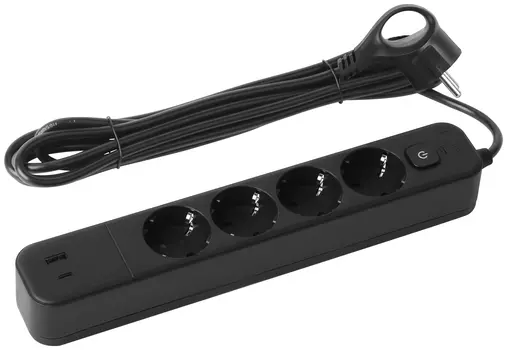 Сетевой фильтр ЭРА USF-4es-3m-2xUSBAC-B, 4-розетки, 1xUSB, 1xUSB Type-C, 3 м, черный (Б0059574)