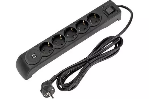 Сетевой фильтр Kranz, 5-розеток, 2xUSB, 3 м, черный (13-4702)