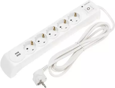 Сетевой фильтр Kranz, 5-розеток, 2xUSB, 3 м, белый (13-4700)
