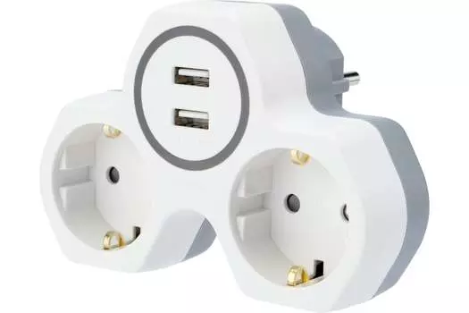 Сетевой фильтр REXANT, 2-розетки, 2xUSB, белый/серый (11-1089)