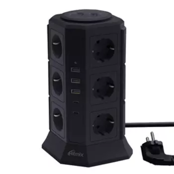Сетевой фильтр Ritmix RM-2123C, 12, 3xUSB, 2xUSB Type-C, 2 м, черный