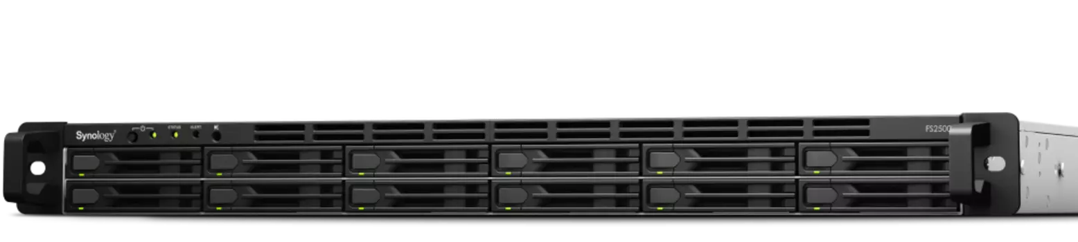 Сетевой накопитель (NAS) Synology FlashStation FS2500, слоты 12x2.5" SATA3, 2x1 Гбит/с + 2x10 Гбит/с, 2xUSB 3.X, AMD Ryzen V1780B/4x3.35 ГГц, DDR4 8Gb, 2x350W, 1U, (FS2500)