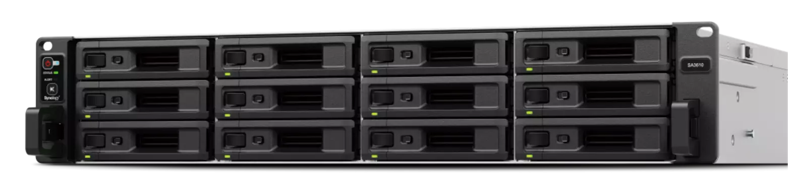 Сетевой накопитель (NAS) Synology SA3410, 12x2.5"/3.5" SATA3/SAS 12G HDD, 4x1 Гбит/с + 2x10 Гбит/с, 2xUSB 3.X, Intel Xeon D-1541/8x2.1 ГГц, DDR4 16Gb, 2x550W, 2U